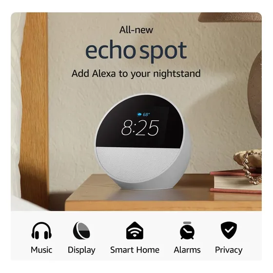 Amazon Blanco Echo Spot 2024 Despertador Inteligente + Sonid