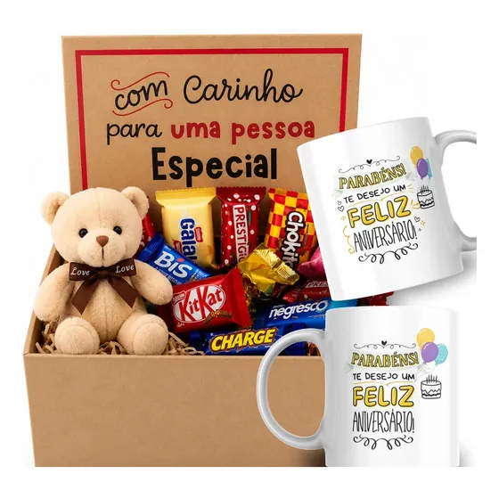 Cesta De Presente Chocolates + Caixa Mdf + Pelucia Chaveiro