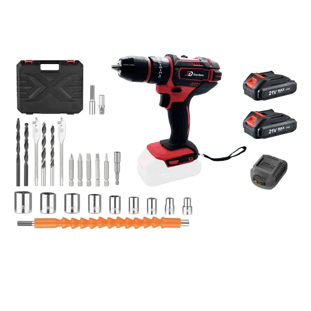 Taladro Atornillador 13 Mm Percutor 2 Baterias 21v + 24 Pcs