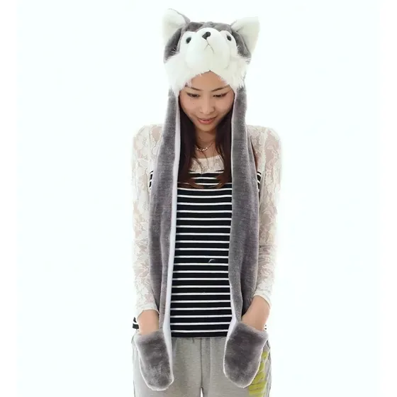 Touca Gorro Cachecol Pelúcia Vários Modelos Lobo Panda Onça