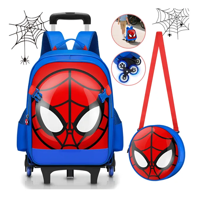 Mochila Escolar Viaje Para Niño Y Niña Con 6 Ruedas Y Bolso, Mochila De Carrito Escolar 30l Capacidad, Kits De Mochila Escolar Spider Man Impermeable