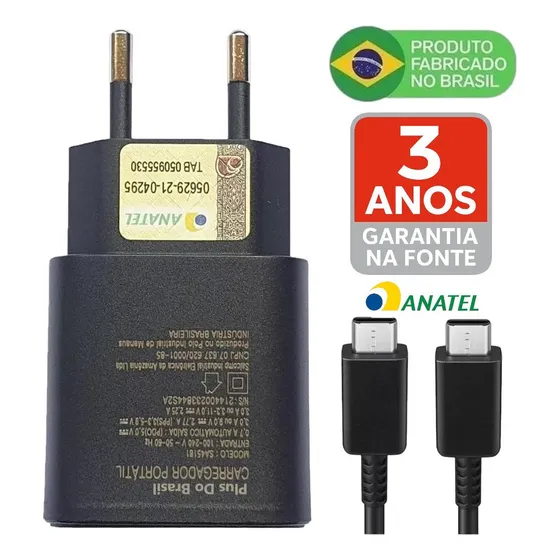 Plus Do Brasil Carregador Turbo Tipo C Para Samsung Apple iPhone 15 16 Motorola Xiaomi - Com Cabo Blindado Premium - Certificado Anatel - Fabricado No Brasil