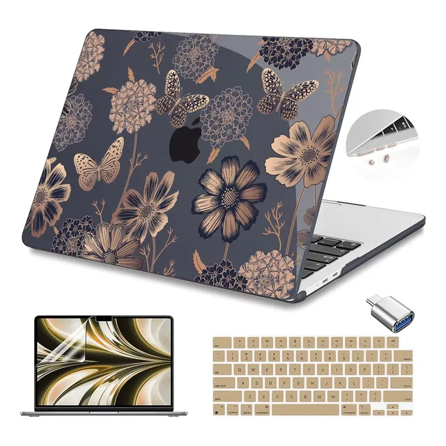 Funda Para Macbook Air M2 M3 13.6in Diseño Floral Dorado