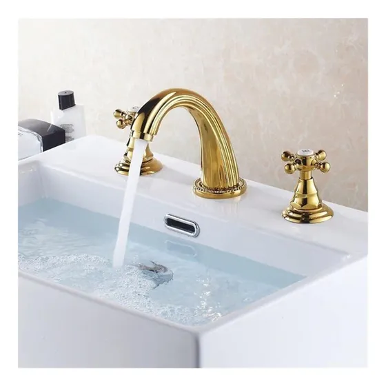 Grifo Lavabo Laton Dorado Para Baño 3 Agujero 8  Mezclador
