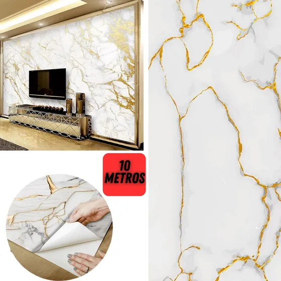 Papel De Parede Mármore Dourado Adesivo Colante 10 Metros