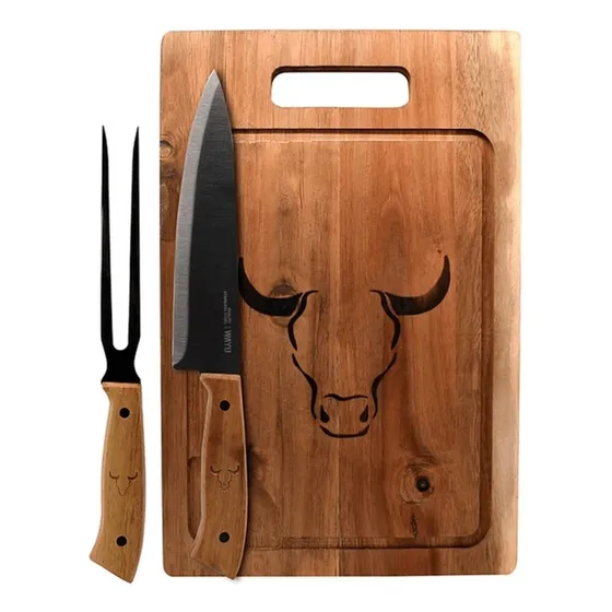 Set Parrillero Tabla + Cuchillo Y Pincho Wayu Asado Parrilla Color Café