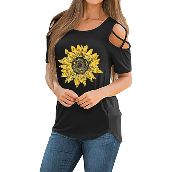 Camiseta Suelta Para Mujer Estampado Girasol Hombro Frio