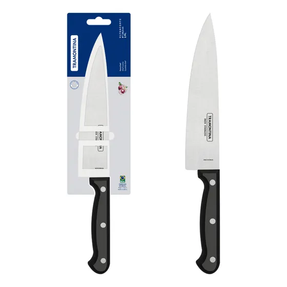Cuchillo Chef Tramontina Ultracorte con lámina de acero inoxidable y mango de polipropileno negro 8"
