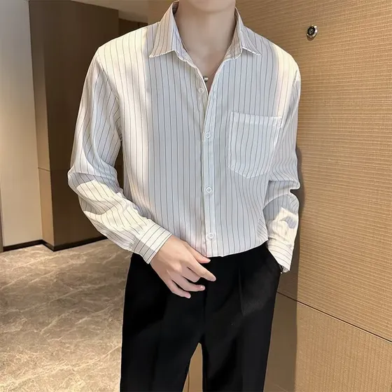 Camisa Masculina De Manga Comprida Com Listras Verticais De 