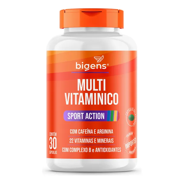 Multivitaminico Sport Action (22 Vitaminas E Minerais) Com Cafeína E Arginina | 30 Cáps | Bigens