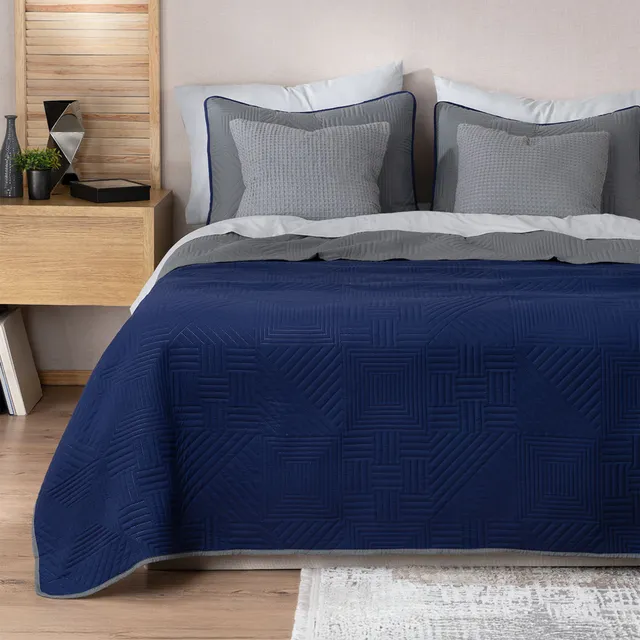 Edredón Ligero Doble Vista Real Textil + 2 Fundas de Almohada, Juego de Colcha King Size, Color Azul Marino - Gris