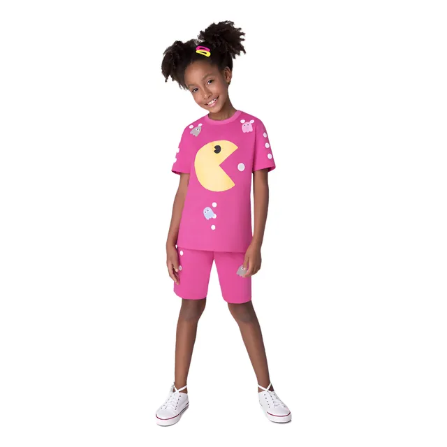 Pijama Fantasia Infantil Rosa Game Pac-man Brilha Escuro