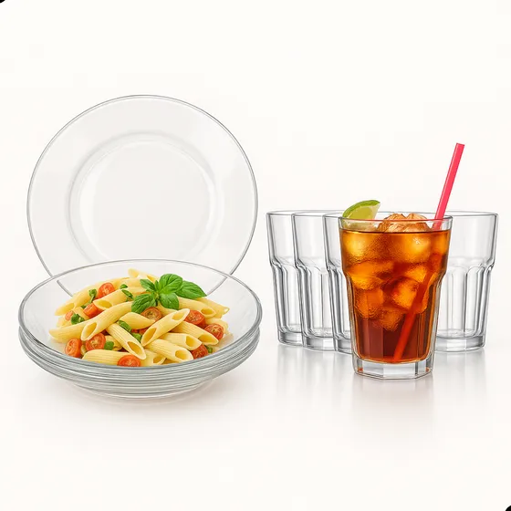 Jogo De 6 Pratos E 6 Copos Vidro Elegante Buffet Restaurante