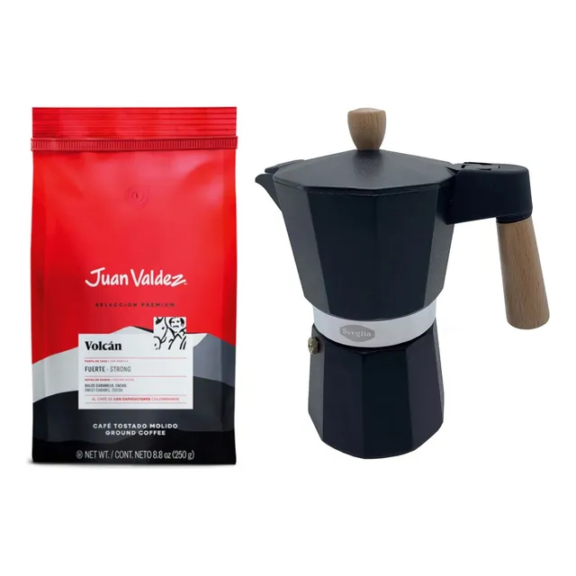 Café Juan Valdez Molido 250gr + Cafetera Moka 6 Tazas