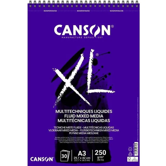 Block Xl Canson A3 Espiral Fluid Mix Media 250 Gr 30 Hojas