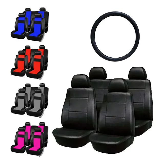 Kit Funda Asientos Auto Eco Cuero + Cubre Volante Negro