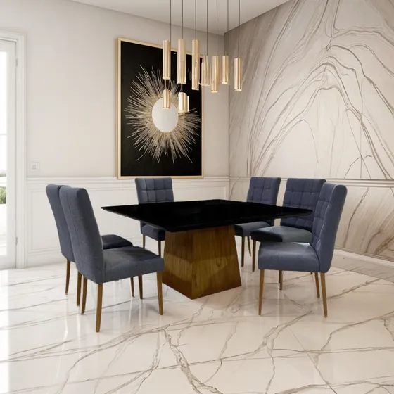 Mesa De Jantar Com Oito Cadeiras 1,50x1,50 - Tampo De Vidro