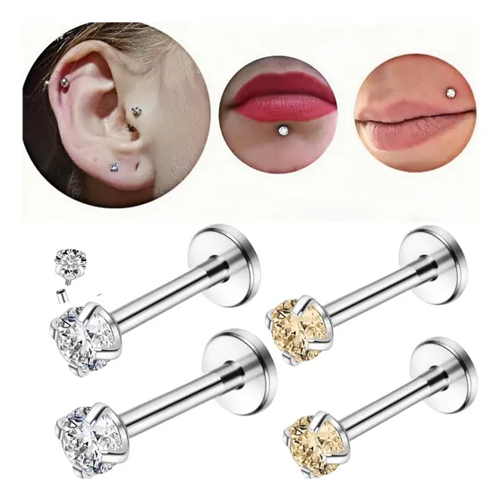 2 Pares + 2 Colores Piercing De Titanio 16g Con Zirconia Re