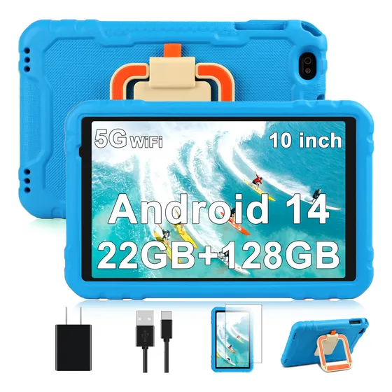Tablet Niños 10 Pulgadas 8 Core Android 14 Tableta con 22GB RAM 128GB ROM TF 1TB HD IPS Display 5M8PMP 2.4G 5GWi-Fi 8000mAh Super Protective Antichoque Eva Estuche Protector Azul