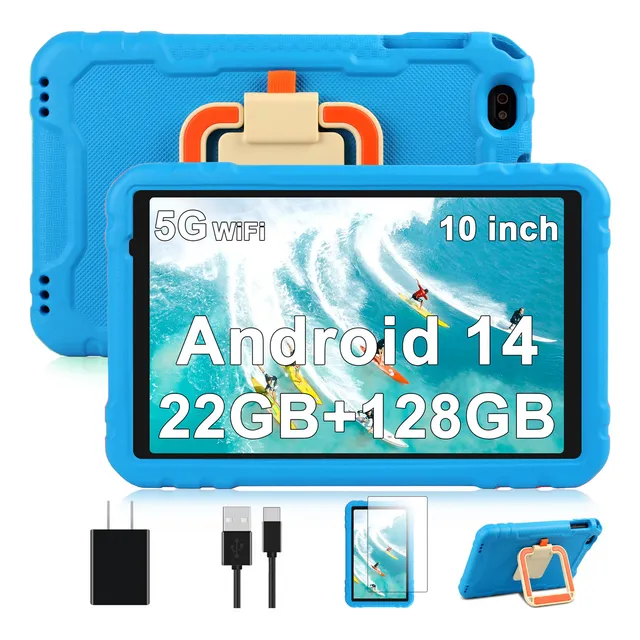 Tablet Niños 10 Pulgadas 8 Core Android 14 Tableta con 22GB RAM 128GB ROM TF 1TB HD IPS Display 5M8PMP 2.4G 5GWi-Fi 8000mAh Super Protective Antichoque Eva Estuche Protector Azul
