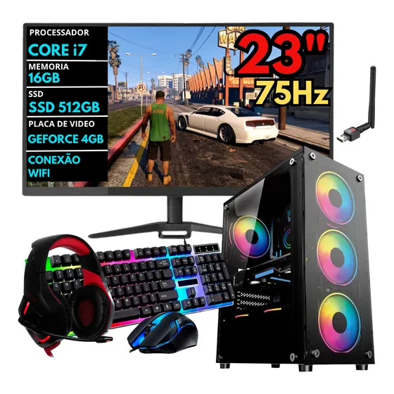 Pc Gamer Completo I7 16gb Ssd 512gb Geforce 4gb 23'' Wifi