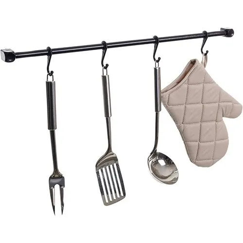 Barra Pendurar Utensílios 4 Ganchos Cozinha 60 Cm Preto