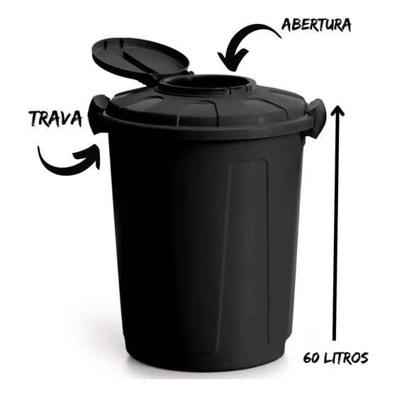 Lixeira Preta Cesto De Lixo Grande Cozinha 60 Litros Higieni