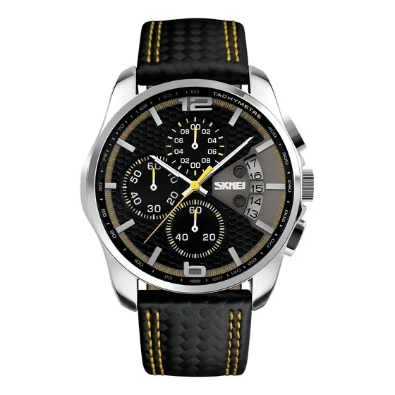 Reloj pulsera Skmei 9106 con correa de cuero color negro/amarillo - fondo negro