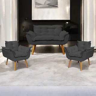 Kit Namoradeira Reforçada + 2 Poltronas Decorativas Para Sala Recepção Consultório Escritório Suede Preto Kit Namoradeira Reforçada + 2 Poltronas Decorativas Para Sala Recepção Consultório Escritório Suede Preto