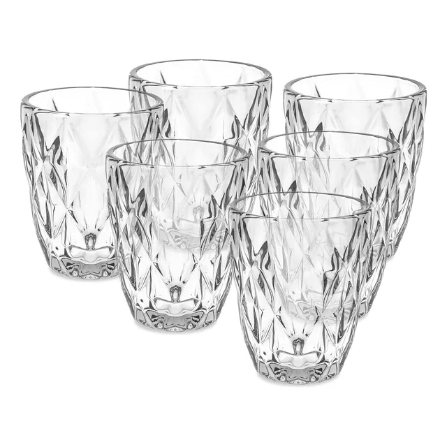 Jogo 6 Copos Baixos Diamond 300ml Vidro Grosso Diamante Luxo