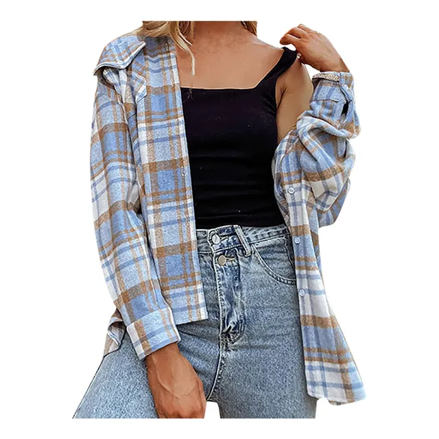 Leodye Chaqueta Franela Cuadro Para Mujer Manga Larga Boton