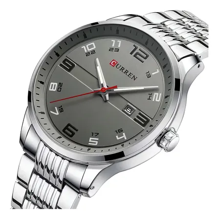Relógio Masculino Executivo Curren 8411 Aço Inoxidavel Prata Correia Prateado Bisel Prateado Fundo Cinza