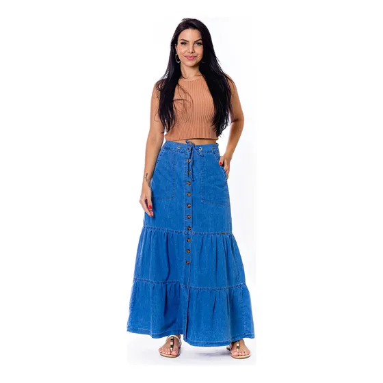 Saia Longa Jeans Lançamento 2 Marias Tecido Premium