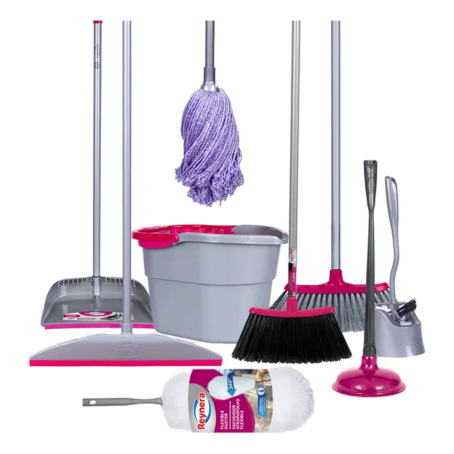 Reynera Kit Casa Impecable Con Productos De Limpieza - Escobas Basica y Dual , Cubeta Con Exprimidor, Mop Microfibra, Recogedor Con Peineta Quita Pelusa, Sacudidor, Jalador Cepillo Sanitario, Bomba