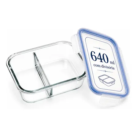 Pote Hermético 640ml Divisória Marmita Vidro Freezer Forno Azul-claro