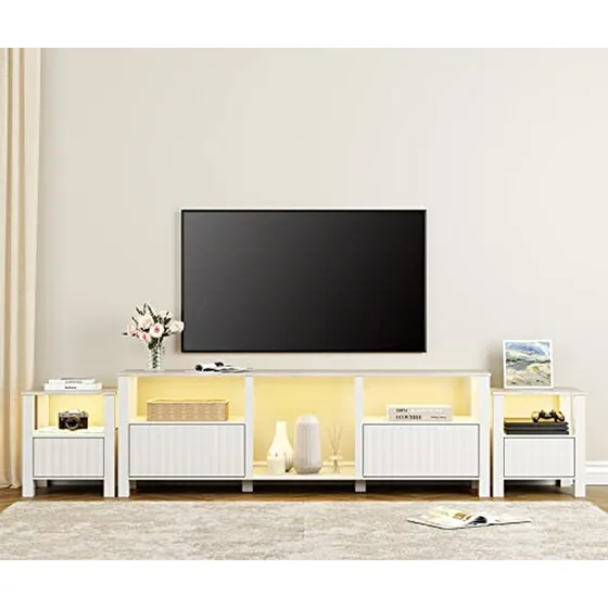 Mesa De Sala 3 Piezas Con Tv 75'', Estantes, 2 Mesas De Noch