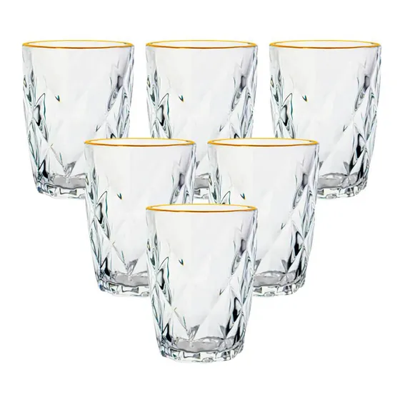 Jogo De Copos Vidro Baixo Diamond Fio De Ouro 270ml 6 Peças