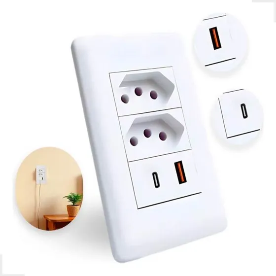Tomada Dupla De Parede Usb E Tipo C Bivolt 4x2 Com Espelho