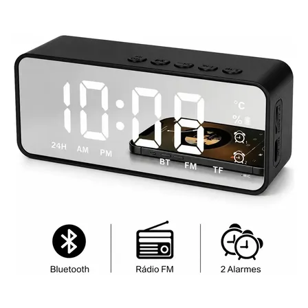 Relógio Despertador Digital Bluetooth G50 Rádio Fm Caixa De Som Led Espelhado Duplo Alarme Sensor De Temperatura Usb Aux Display Grande Som Estéreo Para Quarto Mesa Cabeceira Forestory Preto