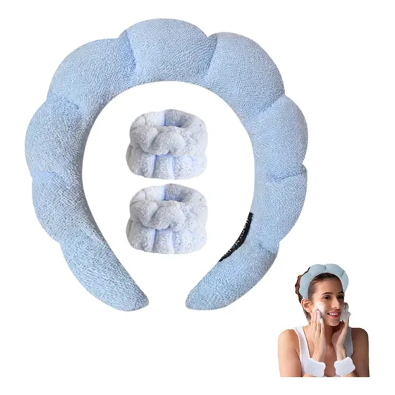 Kit 3pzs Diadema Para Maquillaje Y Muñequeras Skincare Spa Azul Claro Liso