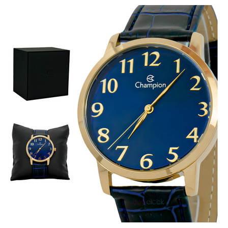 Relógio Masculino Dourado Champion Couro Azul Grande Relógio Masculino Dourado Champion Couro Azul Grande