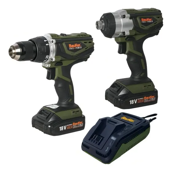 Kit Taladro + Atornillador de Impacto Bauker 18v + 2 Baterías 2Ah CTK002-1-CL Color Verde