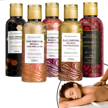 Kit Com 5 Óleo De Massagem Corporal Comestivel Sensual 120ml Fragrância Mel_Morango_Vanila_Amarula