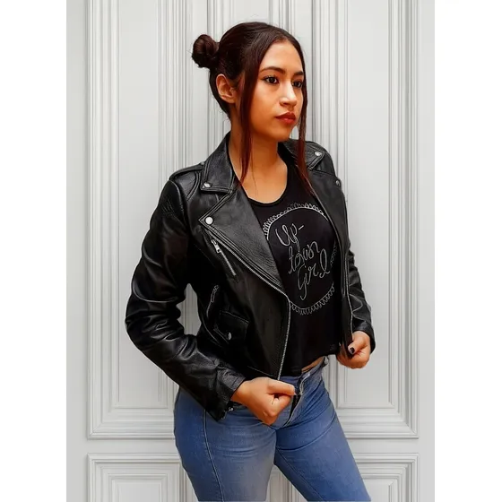 Chamarra De Piel Tipo Biker  Dama
