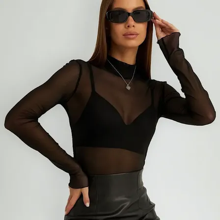 Blusa Tule Transparente Feminina Segunda Pele Manga Longa