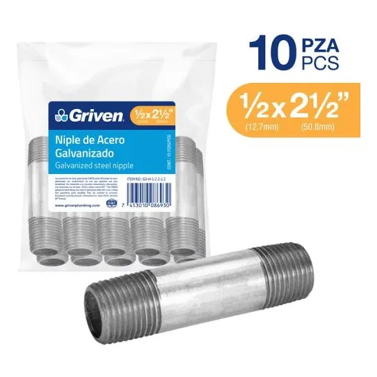 Niple Galvanizado 1/2 X 2 1/2 Pulgada Largo Griven (packx10)