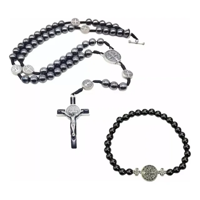 Kit Colar Terço+pulseira Hematita Medalha De São Bento C/fec