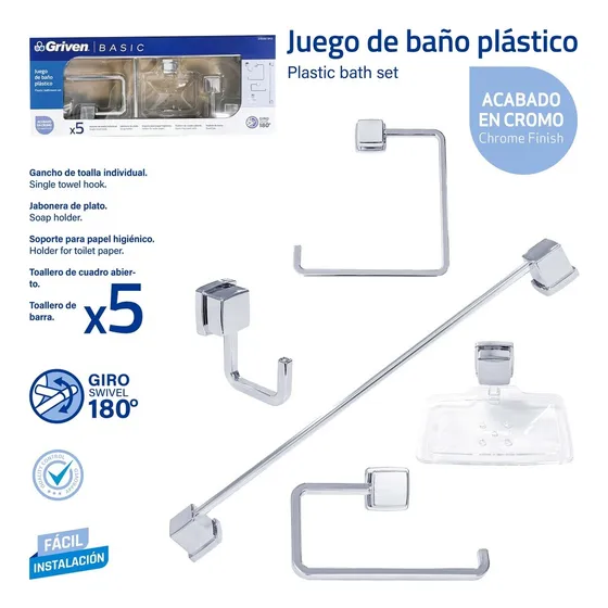 Accesorios De Baño Cromado 5 Piezas Moderno Plastico