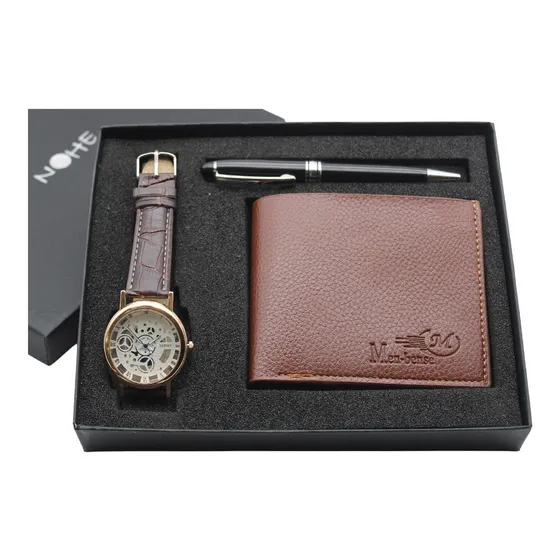 Reloj Hombre De Maquinaria Cartera Y Pluma Set Elegante Color De La Correa Piel/blanco