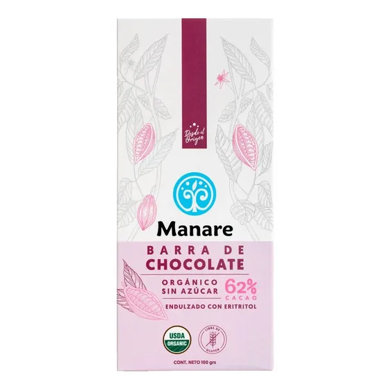 Chocolate Sin Azúcar 62% Cacao Orgánico 100g - Manare